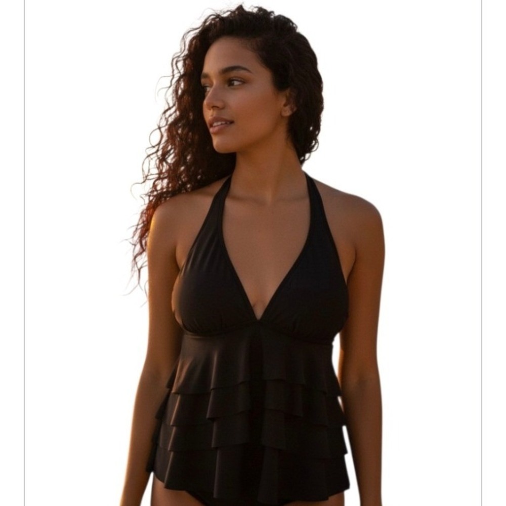 Aqua Green Black Halter Swim Top V Neckline Ruched Bust Ruffle Tankini M/L